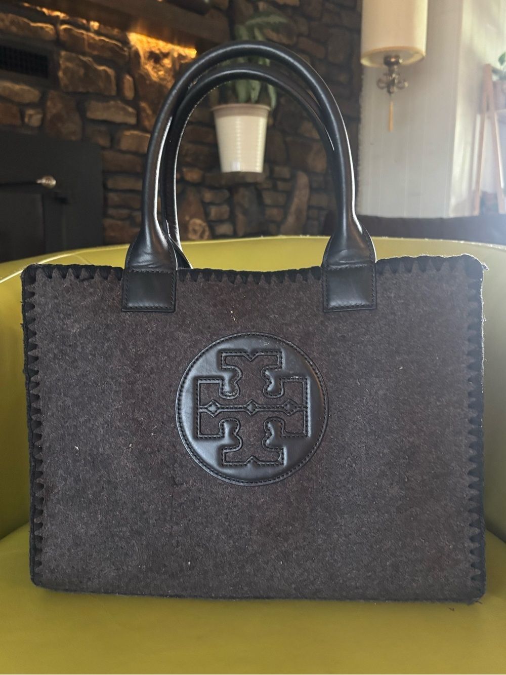 Tory Burch Ella Stitched Mini Tote – Charcoal Wool Felt